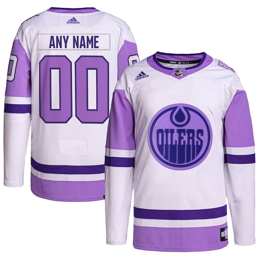 Men Edmonton Oilers adidas White Purple Hockey Fights Cancer Primegreen Authentic Custom NHL Jersey